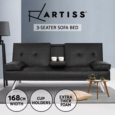 Artiss Sofa Bed Lounge Futon Couch 3 Seater Leather Beds Cup Holder Black • $229.95