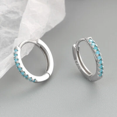 $9.99 • Buy 925 Sterling Silver Filled Turquoise Blue Single Row Huggie Hoop Earrings·