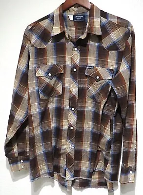 Vtg Wrangler BROWN PLAID Western Shirt XL 80s Cowboy Made USA Snaps Soft White • $25