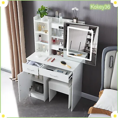 8 Shelves Dressing Table With Lighted Mirror & Stool Vanity Table Makeup Desk UK • £151.76