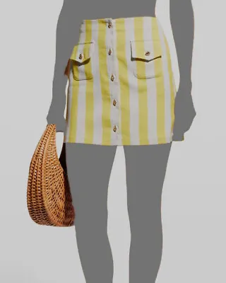 $445 Miguelina Women's Yellow White USA Antonia Striped Mini Skirt Size L • $141.98