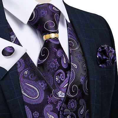 Mens Formal Waistcoat Paisley Floral Suit Slim Tuxedo Silk Tie Gold Ring Vest Se • $44.98