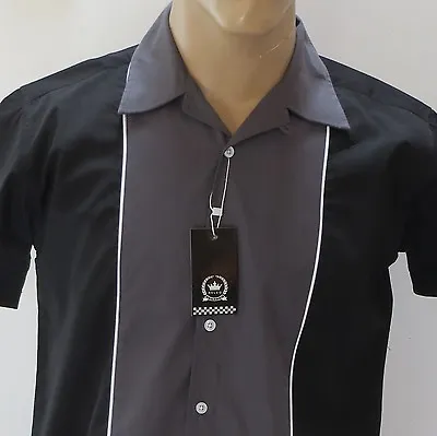 £32.99 • Buy Relco Men's Black & Charcoal Grey Bowling Shirt, Retro 50's Short Sleeve.