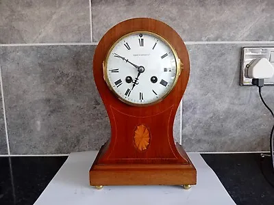 C.1900 EDWARDIAN INLAID MAHOGANY MAPPIN & WEBB 8-DAY CHIMING BALOON CLOCK • $202.12