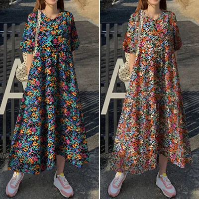 ZANZEA Womens Summer Floral Hippie Short Sleeve Holiday Oversized Maxi Dress AU • $27.36