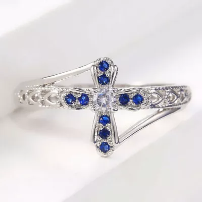 Cross Wedding Christmas Ring 14K White Gold Plated 2.20 Ct Created Blue Sapphire • $139.99