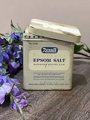 VINTAGE REXALL EPSOM SALT ADVERTISING TIN REXALL DRUG COMPANY Metal Box 3/4 Full • $11.88