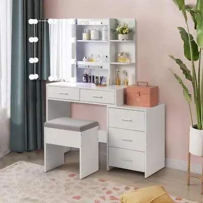 Large Dressing Table With Mirror Drawers Stool Vanity Set Bedroom Makeup Table • £115.99