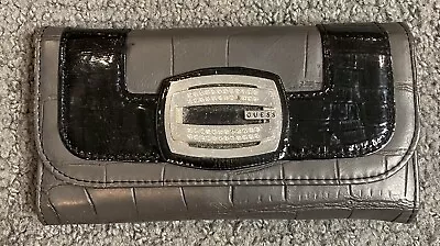 Guess Rhinestone G Alligator Print Trifold Wallet Black 7” X 3.75” • $9.99