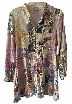 Zara Dress Women Small Multi Color Tropical Bird Linen Coastal Classic Floral • £24.13