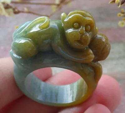 Certified Yellow Natural A JADE Jadeite Monkey Peach Coin RING NO. 11 戒指 411081 • $118.40