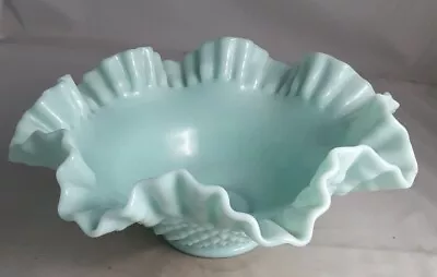 Vintage Fenton Crimped Ruffled Hobnail Bowl Tuquiose Aqua Milk Glass 10  EXC. • $79.95