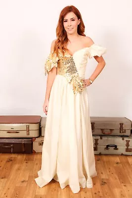 Gold Sequin Beaded Vintage 80s Bridemaid Dress Fancydress Rara Theatre • £55