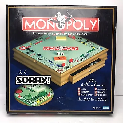 MONOPOLY 6 In 1 Classic Games Wooden Board Game Chess Sorry Checkers Poker READ • $67.99