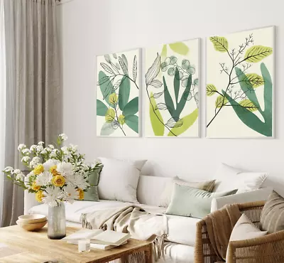 Set Of 3 Botanical Green Leaves Abstract Plants Flowers Wall Art Home Decor • £56.01