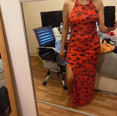 Boohoo Palm Print Orange Halter Neck Maxi Dress - UK 8 • £6