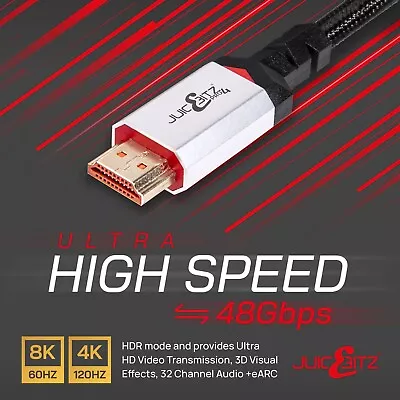 HDMI 2.1 Cable 8k | JuicEBitz® 48Gbps 4320p 120hz Ultra HDR EARC 1m 2m 3m 4m 5m • £12.99