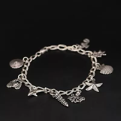 VTG Sterling Silver Dolphin Starfish Sand Dollar Sea Shell 8  Charm Bracelet 16g • $16