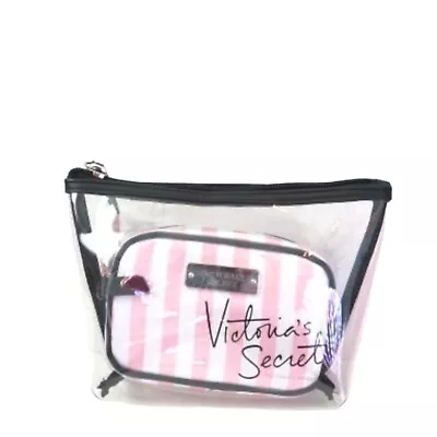 Victoria's Secret BEAUTY Pink & White Stripe Duo Cosmetic Makeup Bag Set • $21.95