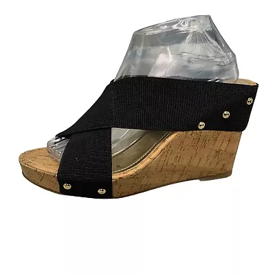 Madden Girl Nautic Wedge Sandal Cork Black Strap Stud Slide Open Toe Slip On  9 • $14.39