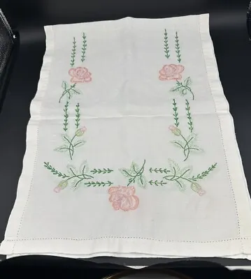 Vintage Embroidered Linen Table Runner 36 X13  Pink Roses On White Dresser Scarf • $12.97