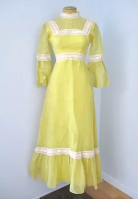 Vtg 70s Yellow Lace Maxi Prom Bridesmaid Dress Prairie Sister Wives Modest S • $38