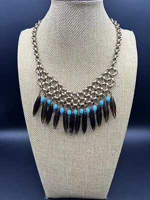 Marie Chavez Native Dangly Smoke Glass Turquoise Beaded Gold Chain Bib Necklace • $15