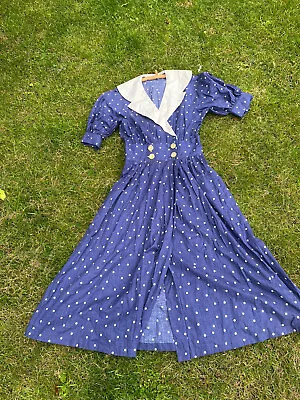 1980s Vintage Navy White Polka Dot Sailor Dress Nautical Style Retro Fashion • £6.99