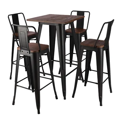 Tall Industrial Black/Wood Top Bar Stool Table Indoor Outdoor Cafe Bistro Chairs • £82.95