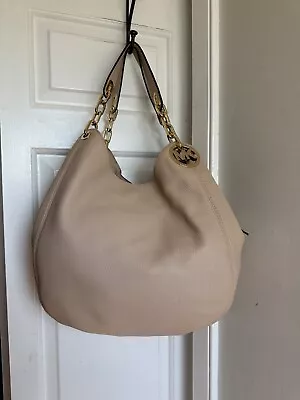 Michael Kors Fulton Hobo Lt Beige Pebble Leather Chain  Bag Tote Large Purse • $129