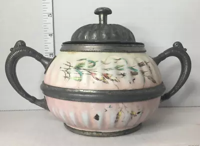 Manning Bowman Sugar Bowl Enamelware Graniteware Pewter Cattail Motif Pink • $74.99