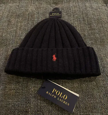 NWT Polo Ralph Lauren Beanie Wool Blend Ribbed Cuff Knit Navy Blue Red H1 • $20.05