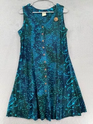 Spicy Bambu Batik Dress Womens M Blue Green Stars Moon Button Front Boho Artsy • $27.95