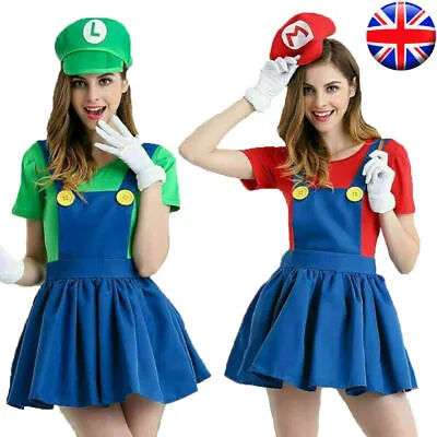 Women Mario Luigi Costume Super Plumber Bros Halloween Party Fancy Dress Outfit+ • £9.88