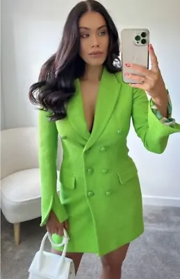 BNWT ZARA NEON GREEN TEXTURED DOUBLE BREASTED BLAZER DRESS SIZE S Bloggers Fav • £59.99