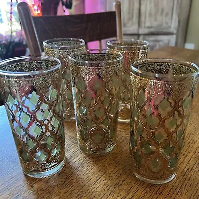 Culver Valencia 22 K Gold & Green Highball Water Glasses Mcm Set Of 5 Signed • $89.99