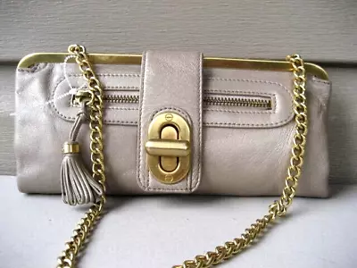 B. Makowsky Leather Clutch Wallet Metallic Beige Chain Tassel MINT • $17.90