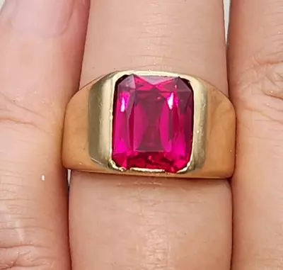 Vintage Men's Ruby Solid 14k Tank Style Ring Apprx 4ct Lab-Created 6g Size 7.75 • $585