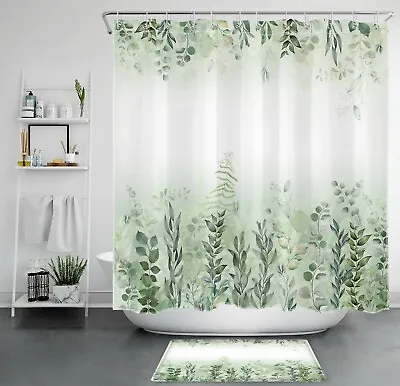 Sage Green Eucalyptus Leaf Shower Curtain Watercolor Bathroom Accessories Set • $9.99