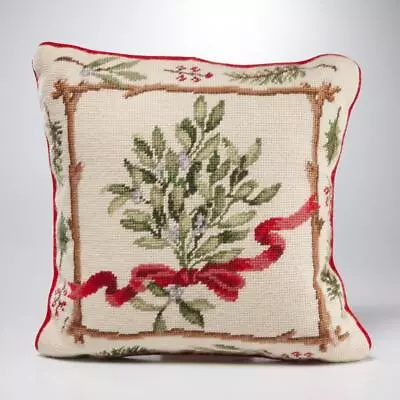 Needlepoint Embroidered Red Green Holly Pine Mistletoe Christmas Throw Pillow • $39.99