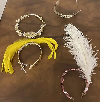 Four Assorted Headpieces Silver Crown Pearl Crown Ring Two Feather Headbands • $15