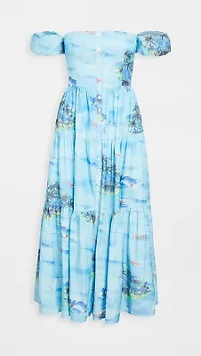 $165 • Buy NWT Staud Elio In Blue Island Off Shoulder Button Front Tiered Midi Dress 6 $285