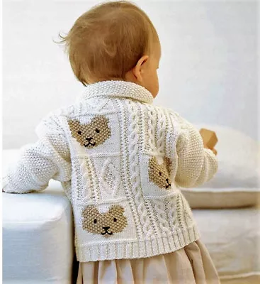 Baby Girls Cable Teddy Intarsia Block Jacket Cardigan KNITTING PATTERN 4 Ply  • £2.15