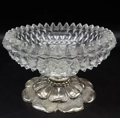 Vintage Cut Glass Candy Dish Clear Glass With Silver Tone Flower Pedestal • $15