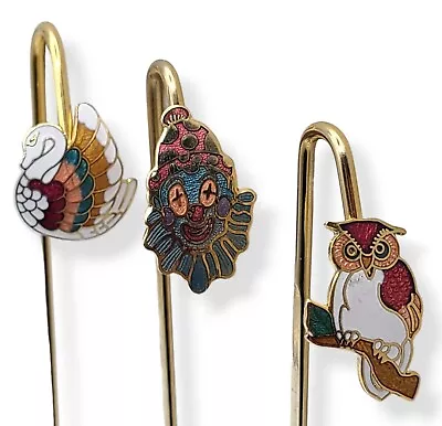 Vintage LOT Of 3 Cloisonné Hook Bookmark Set Owl Swan Clown Multicolored Gold • $22.49