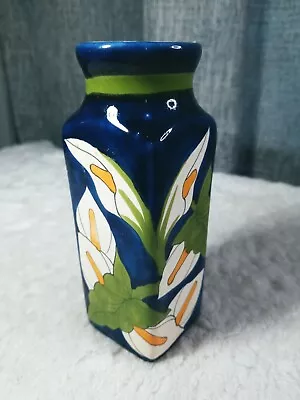 Vintage Mexican Talavera Pottery Blue Vase With Lilies Signed Ortiz Mexico • $19.95