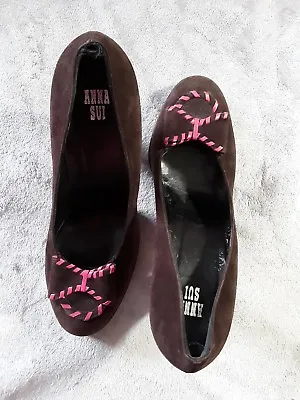 Anna Sui Brown Sued High Heel Round Toe Womens Platform Shoes US 9 Pink Designs • $56.99