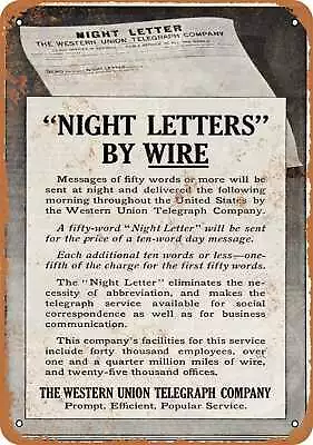 Metal Sign - 1910 Western Union Night Letters By Wire -- Vintage Look • $18.66