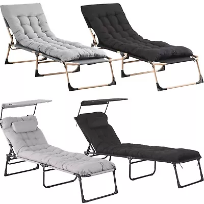 Sun Lounger Folding Recliner Chair Reclining Garden Outdoor Seat Bed W/ Cushion • £49.90