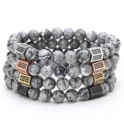 Men Micro Pave CZ Hexagon Gray Map Stone Picasso Jasper Beaded Bracelets Jewelry • $7.99